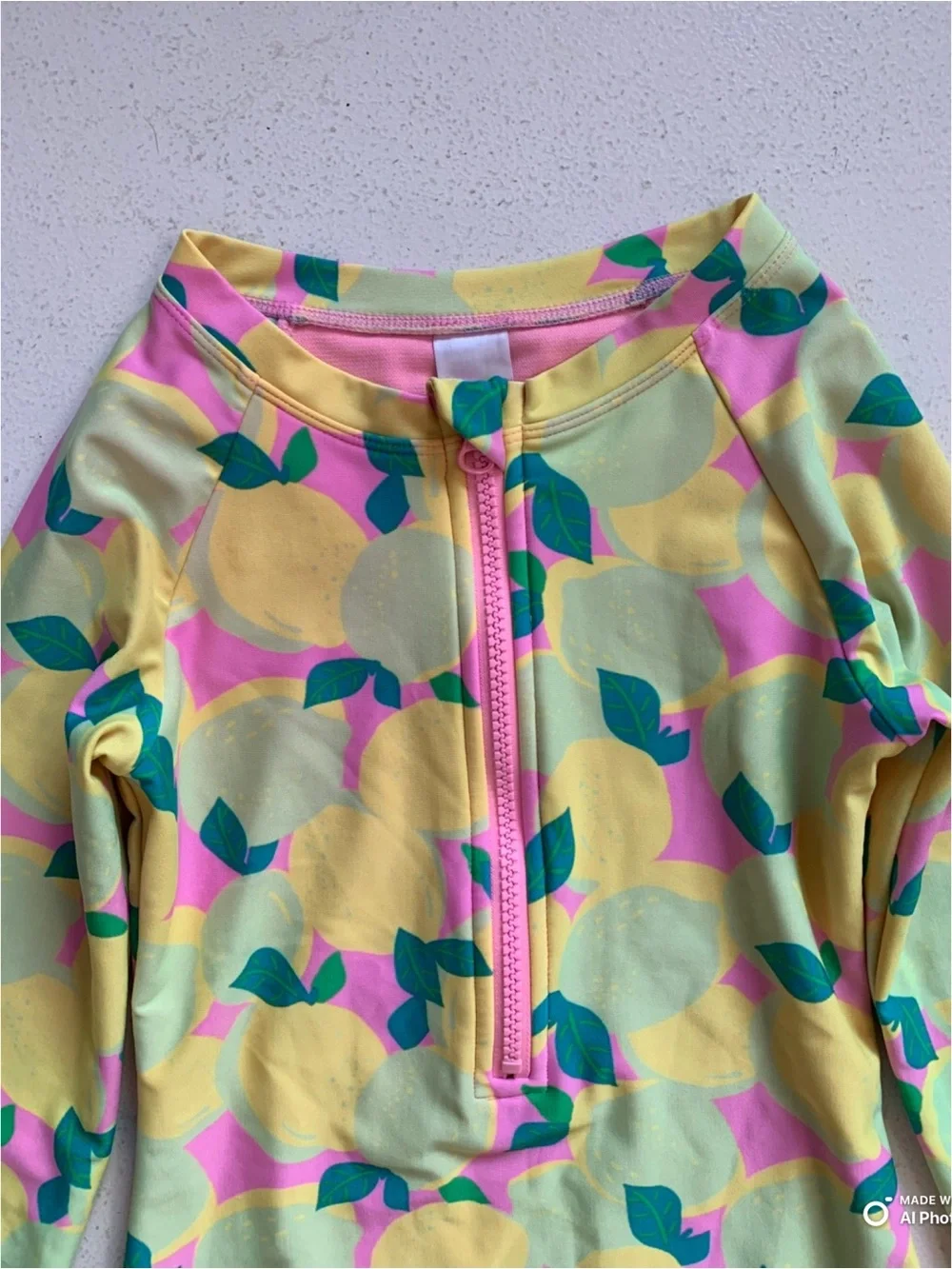 Cat & Jack Girls Medium Lemon Lime Print Long Sleeve One-Piece Swimsuit FLAWS